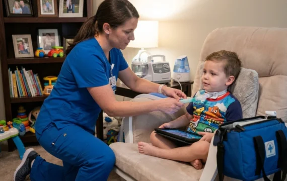 Pediatric home nurse providing trach care during RSV and flu season