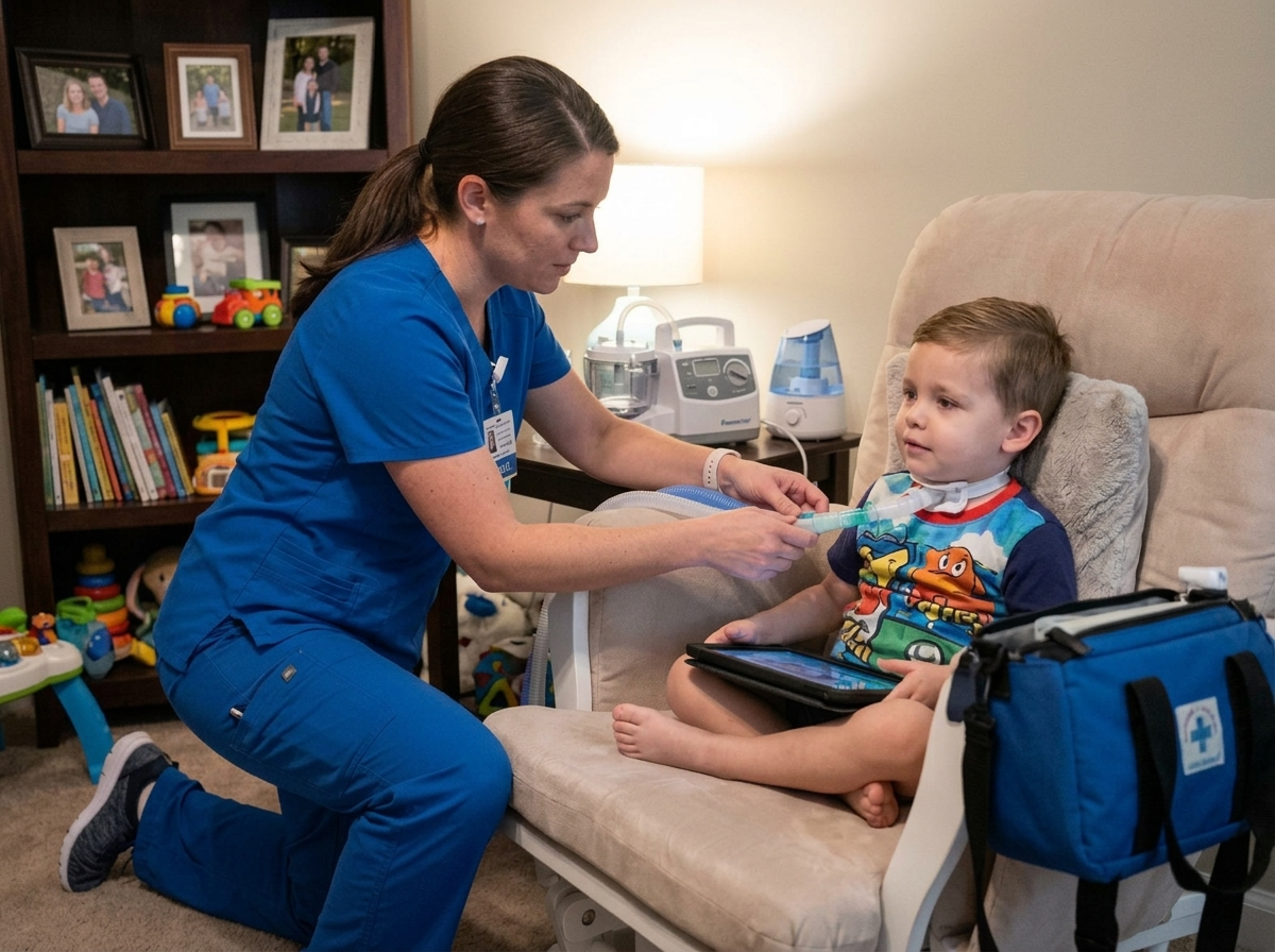 Pediatric home nurse providing trach care during RSV and flu season
